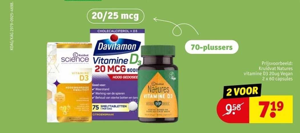 Kruidvat Natures vitamine D3 20ug Vegan 2 x 60 capsules