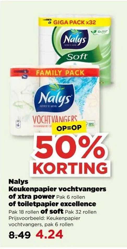 Nalys Keukenpapier vochtvangers of xtra power Pak 6 rollen of toiletpapier excellence Pak 18 rollen of soft Pak 32 rollen