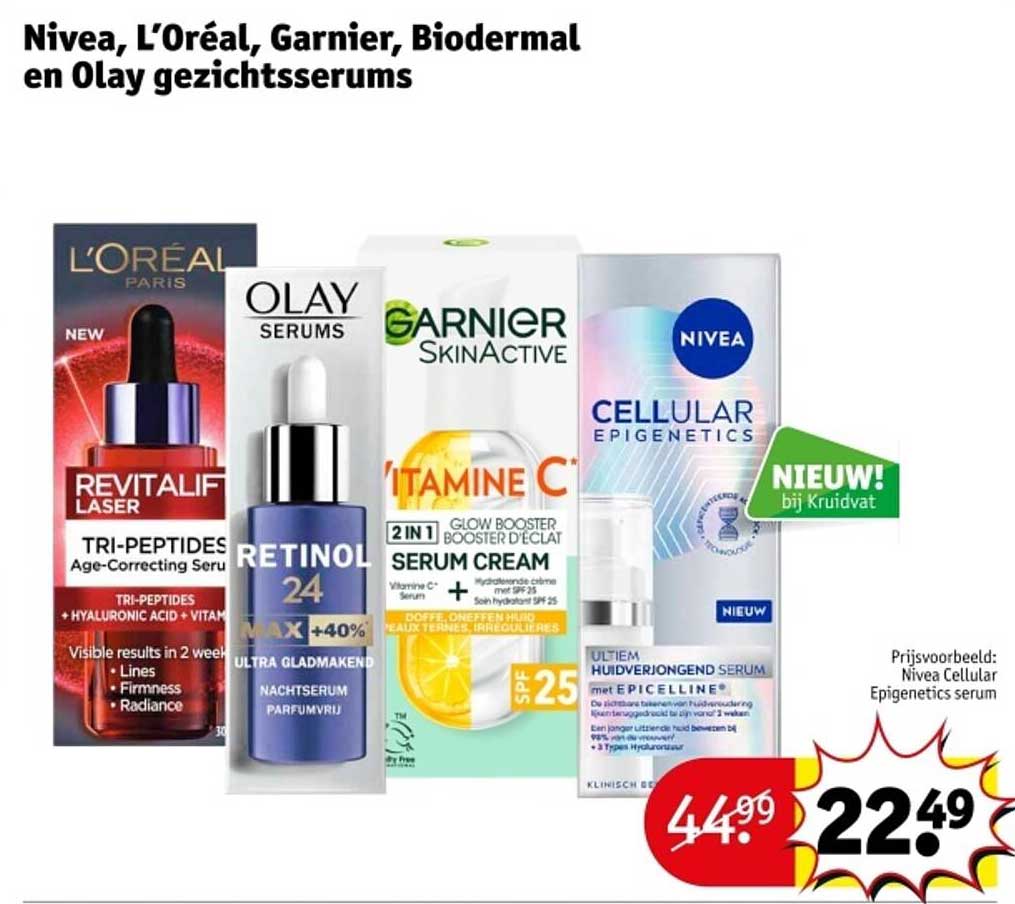Nivea, L’Oréal, Garnier, Biodermal en Olay gezichtsserums