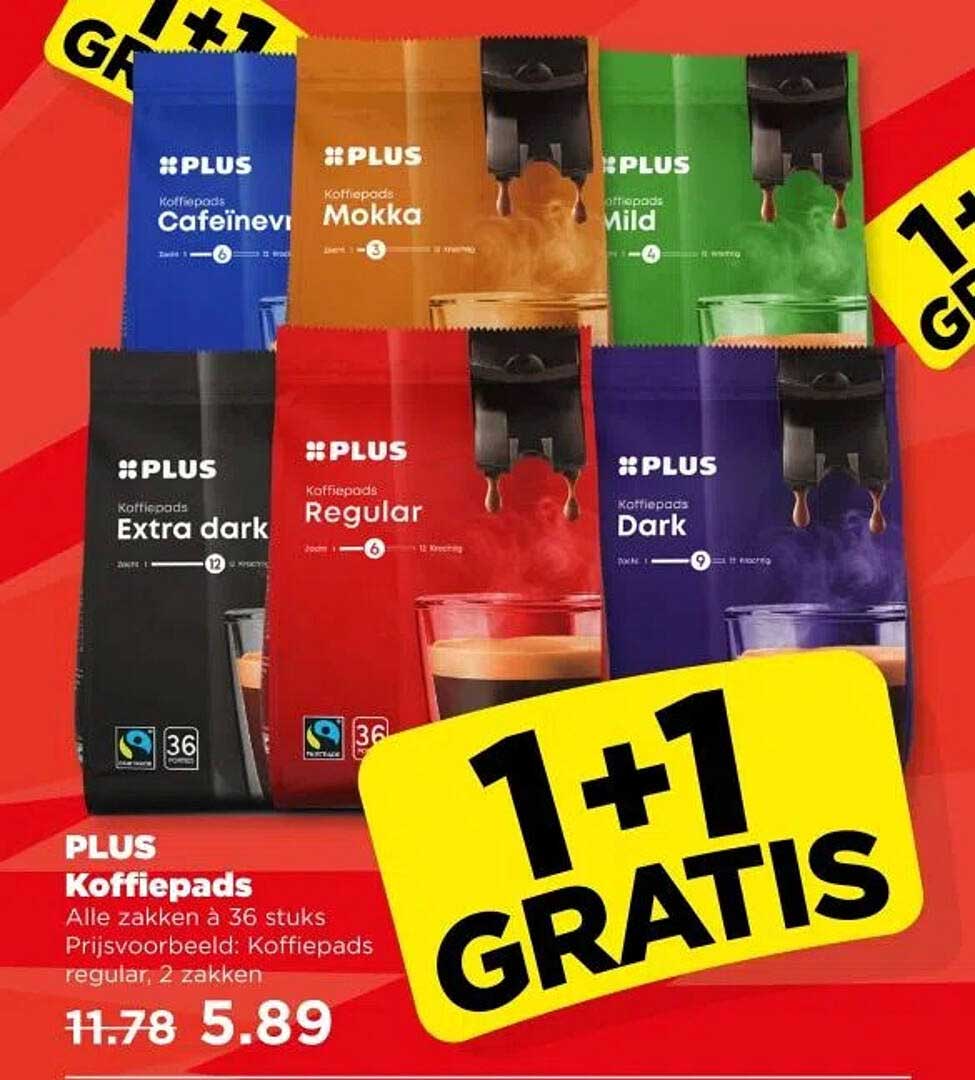 PLUS Koffiepads 1+1 GRATIS