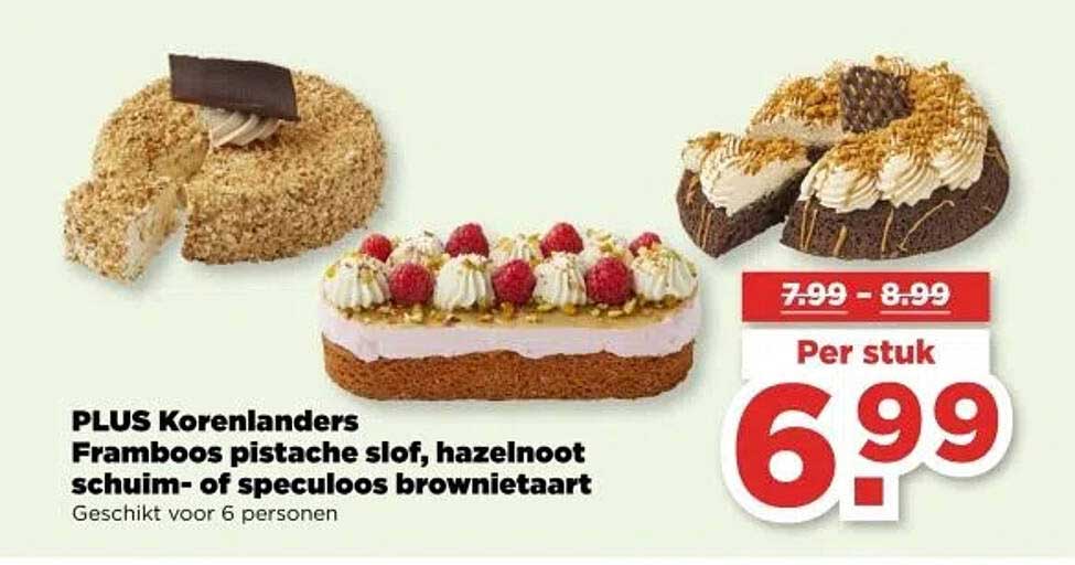 PLUS Korenlanders Framboos pistache slof, hazelnoot schuim- of speculoos brownie-taart