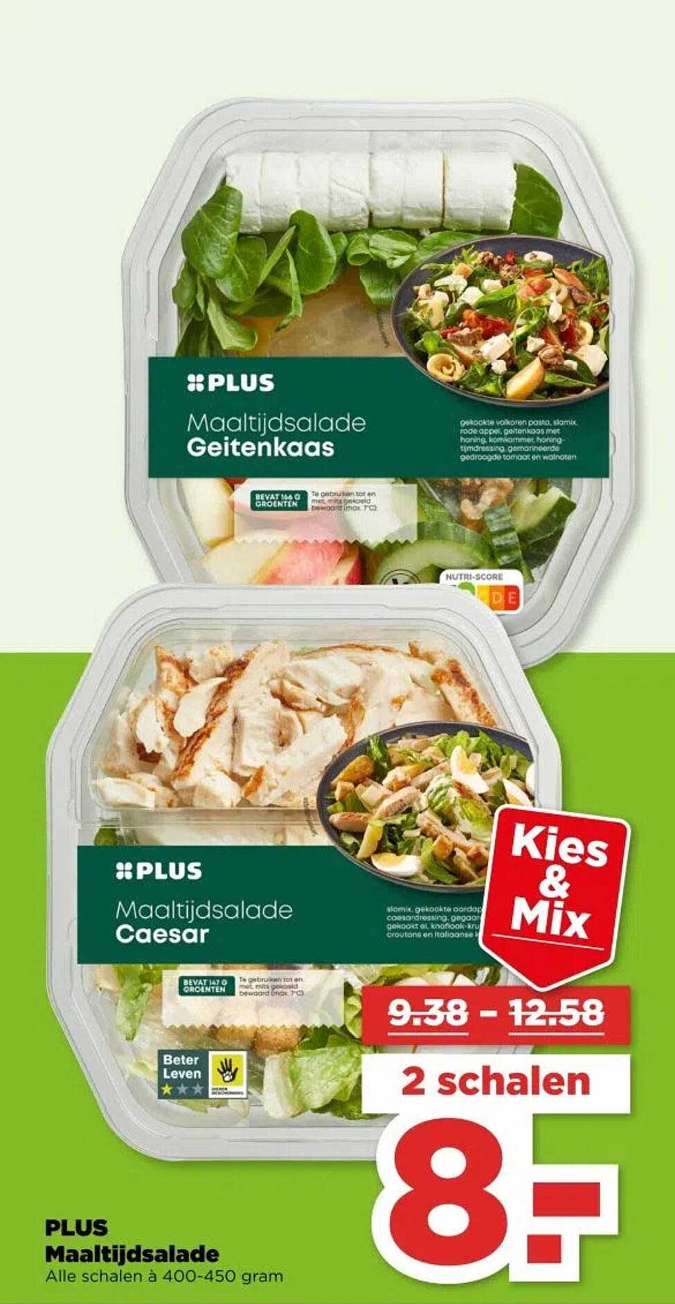 PLUS Maaltijdsalade Geitenkaas en PLUS Maaltijdsalade Caesar