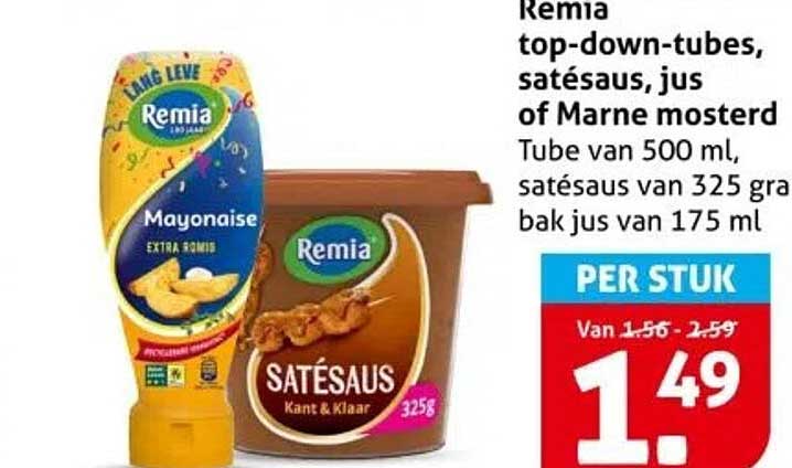 Remia top-down-tubes, satésaus, jus of Marne mosterd
