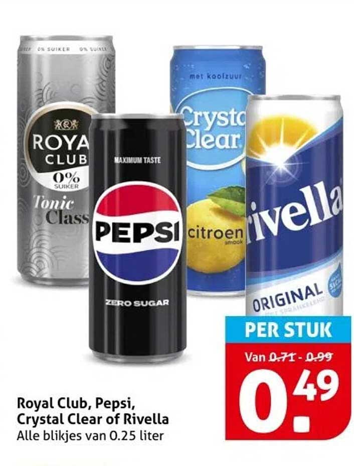 Royal Club, Pepsi, Crystal Clear of Rivella - Alle blikjes van 0.25 liter