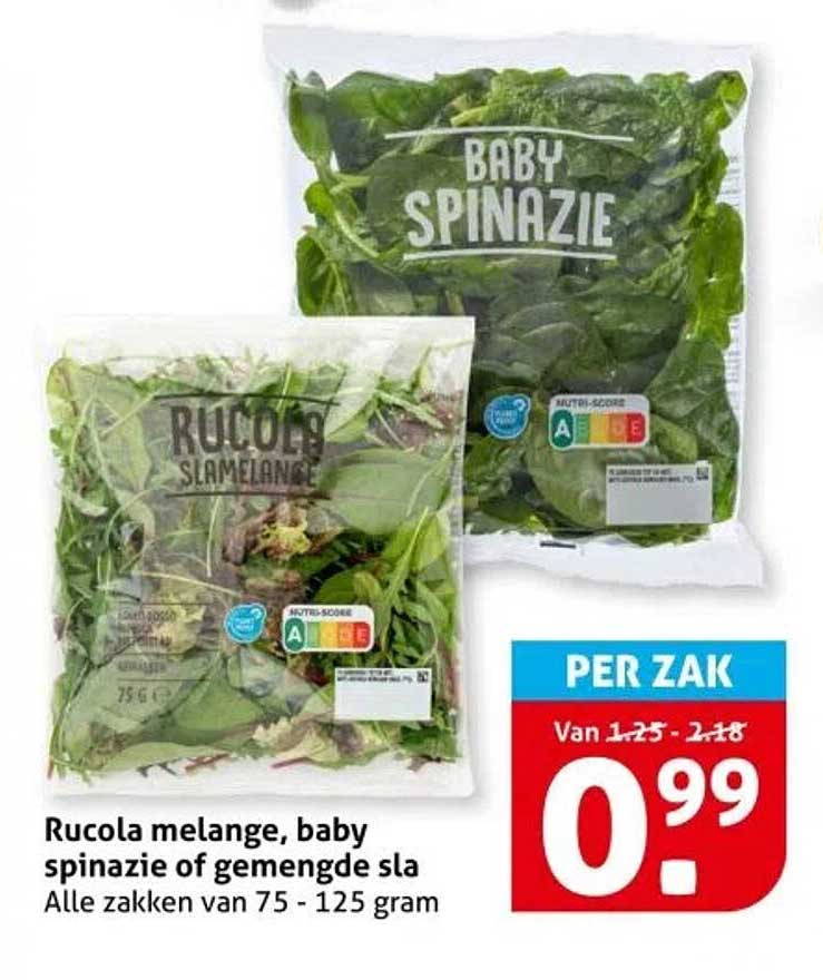 Rucola melange, baby spinazie of gemengde sla - Alle zakken van 75 - 125 gram