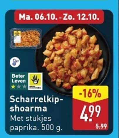 Scharrelkip-shoarma met stukjes paprika. 500 g.