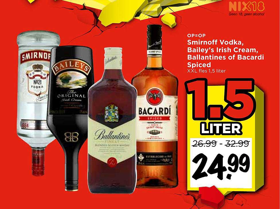 Smirnoff Vodka, Bailey’s Irish Cream, Ballantines of Bacardi Spiced XXL fles 1,5 liter