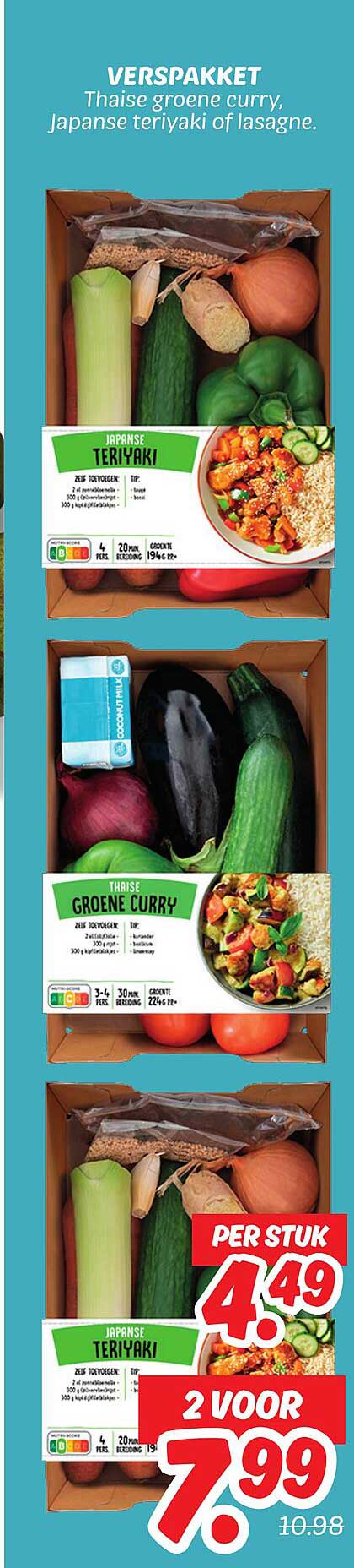 Verspakket Thaise groene curry, Japanse teriyaki of lasagne.
