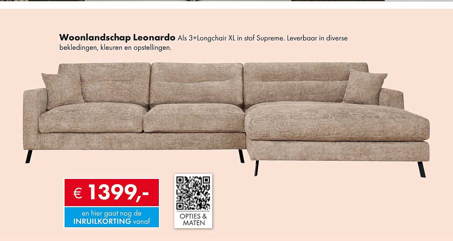 Woonlandschap Leonardo Als 3+Longchair XL in stof Supreme.