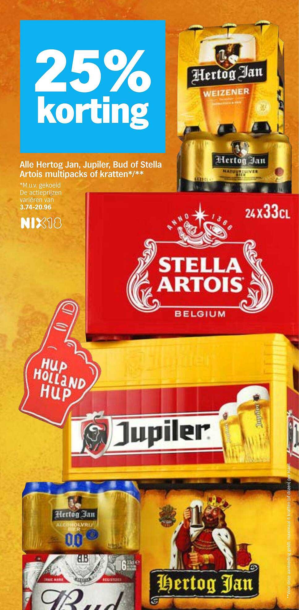 25% korting Alle Hertog Jan, Jupiler, Bud of Stella Artois multipacks of kratten*/**