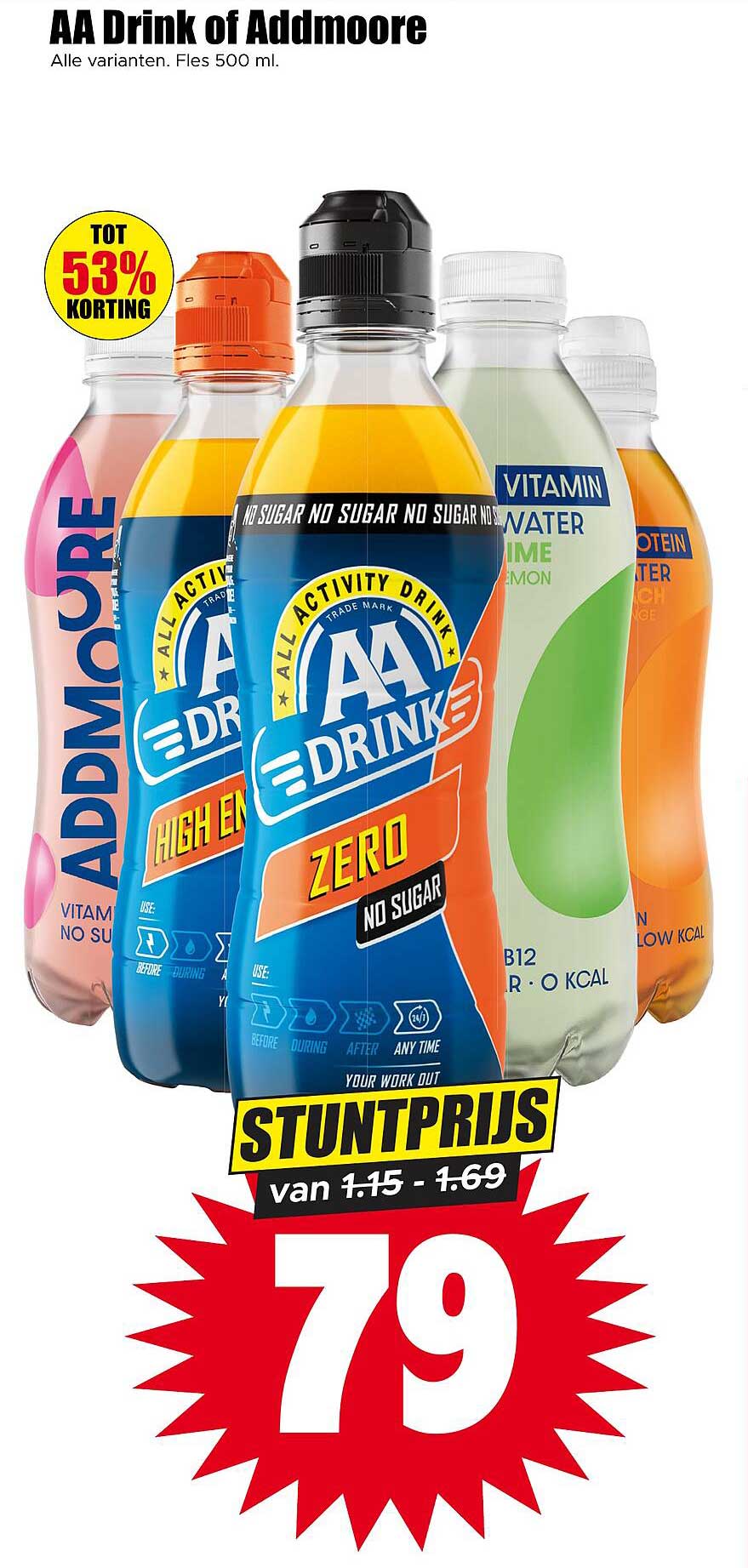 AA Drink of Addmoore Alle varianten. Fles 500 ml. STUNTPRIJS
