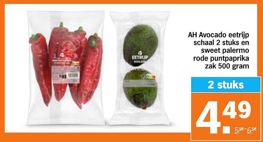 AH Avocado eetrijp schaal 2 stuks en sweet palermo rode puntpaprika zak 500 gram 2 stuks
