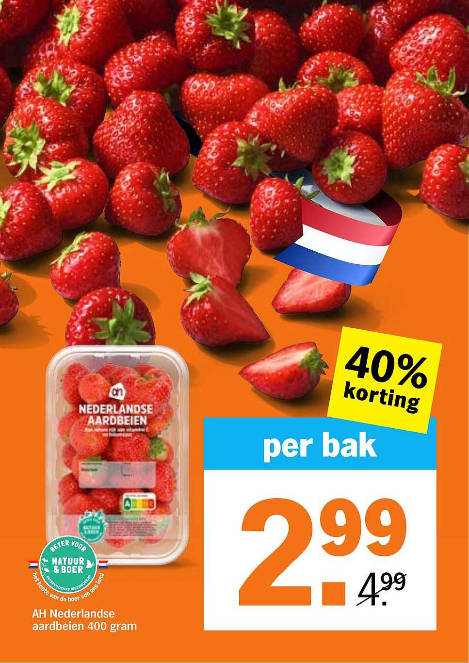 AH Nederlandse aardbeien 400 gram 40% korting per bak