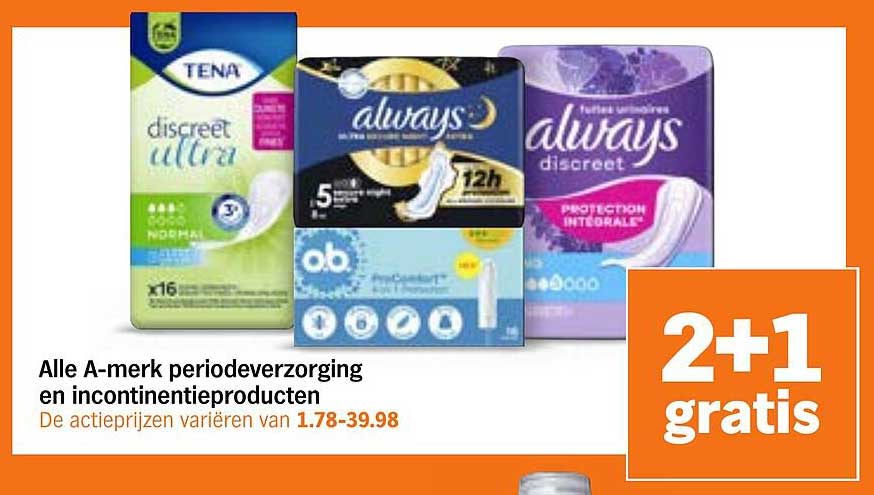 Alle A-merk periodeverzorging en incontinentieproducten 2+1 gratis