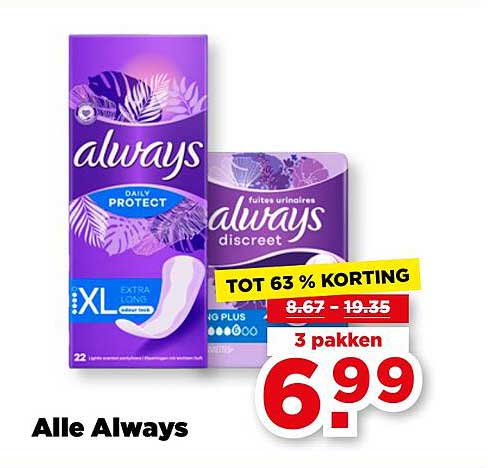 Alle Always TOT 63 % KORTING 3 pakken