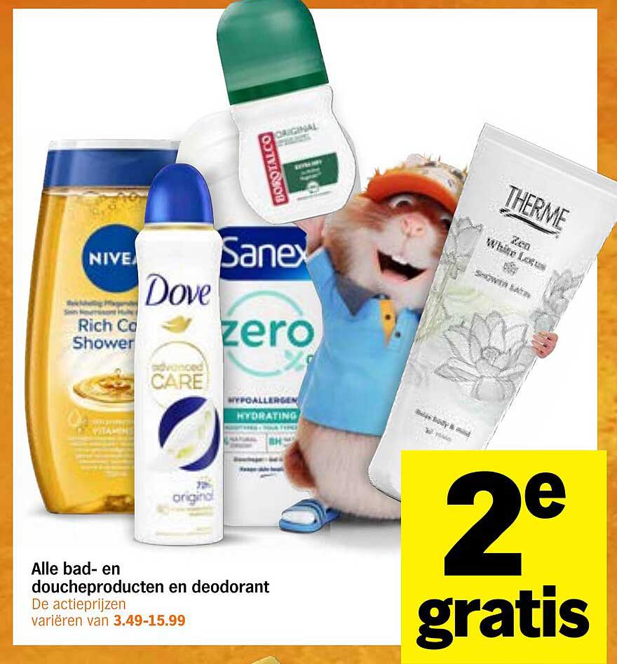 Alle bad- en doucheproducten en deodorant 2e gratis