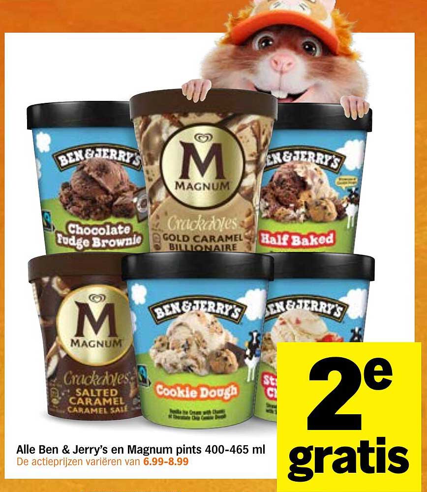 Alle Ben & Jerry’s en Magnum pints 400-465 ml 2e gratis