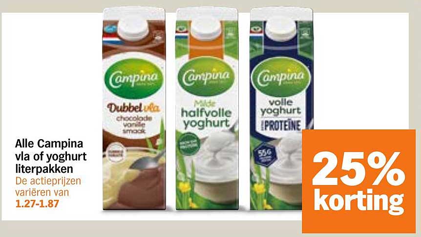 Alle Campina vla of yoghurt literpakken 25% korting