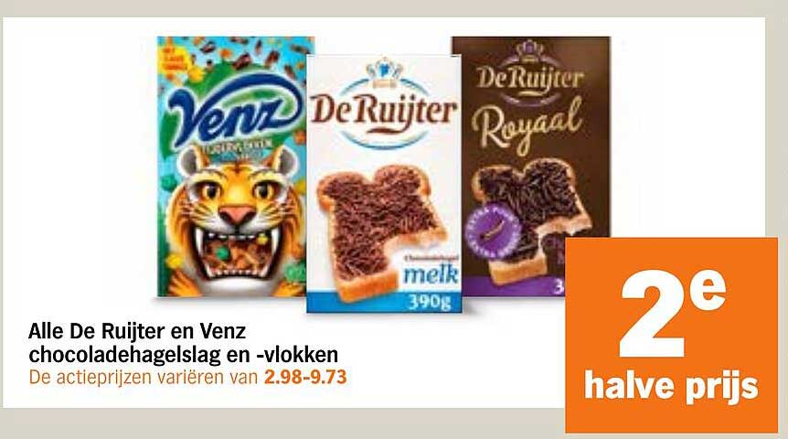 Alle De Ruijter en Venz chocoladenhagelslag en -vlokken 2e halve prijs