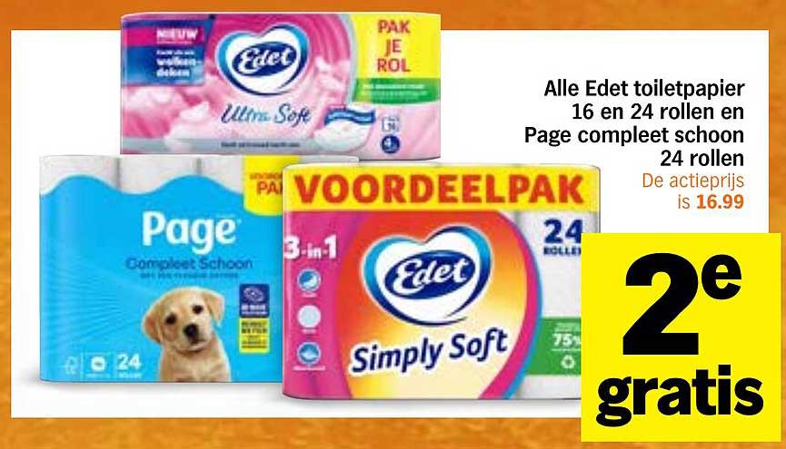 Alle Edet toiletpapier 16 en 24 rollen en Page compleet schoon 24 rollen 2e gratis