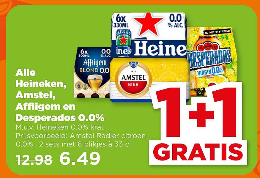 Alle Heineken, Amstel, Affligem en Desperados 0.0% 1+1 GRATIS