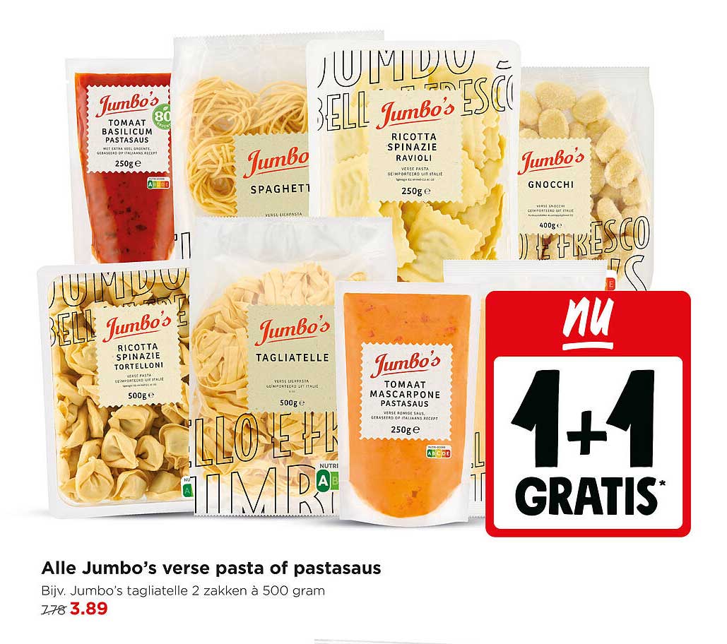 Alle Jumbo’s verse pasta of pastasaus 1+1 gratis