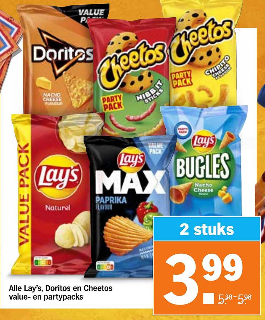 Alle Lay’s, Doritos en Cheetos value- en partypacks
