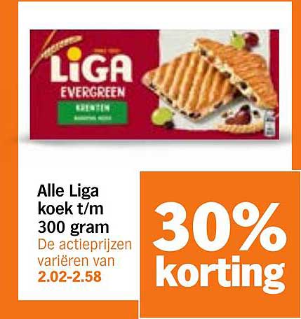 Alle Liga koek t/m 300 gram 30% korting
