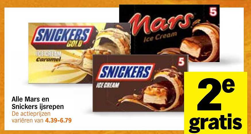 Alle Mars en Snickers ijsrepen 2e gratis