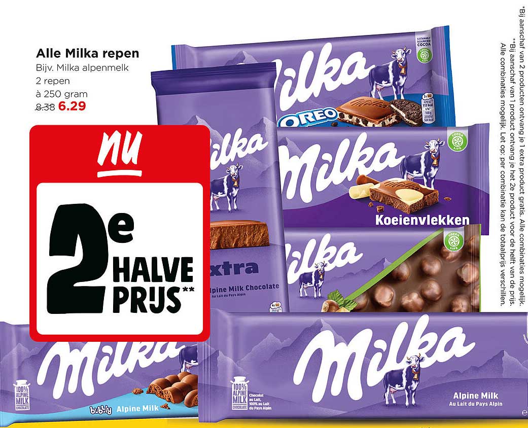 Alle Milka repen 2e halve prijs