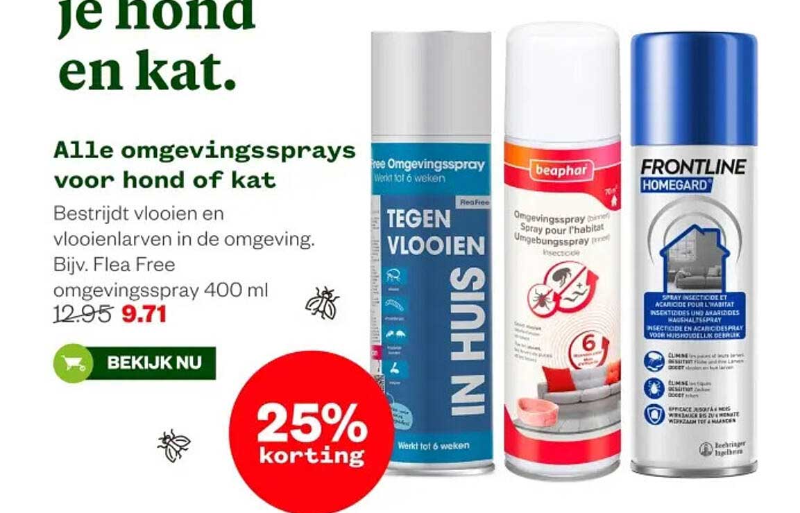 Alle omgevingssprays voor hond of kat 25% korting