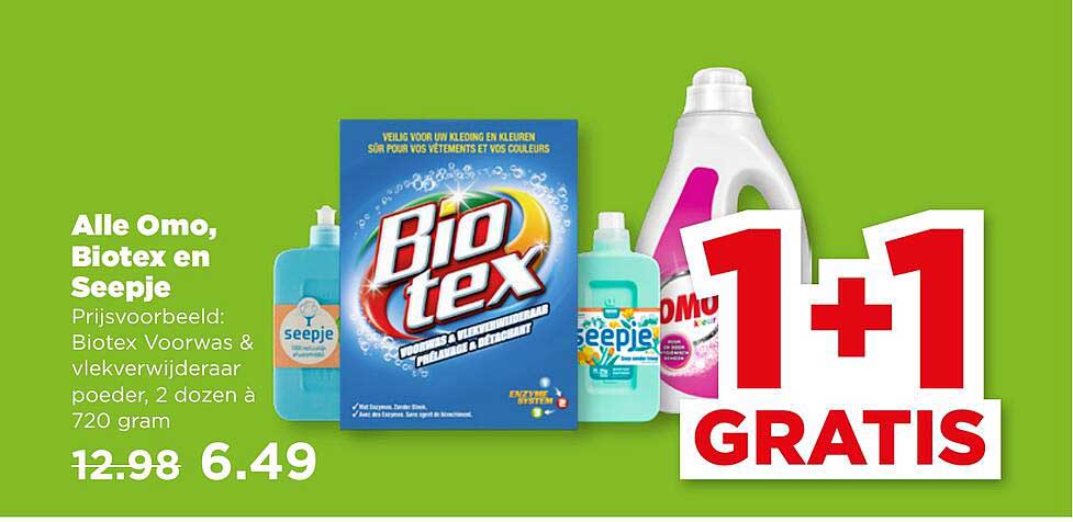 Alle Omo, Biotex en Seepje 1+1 gratis