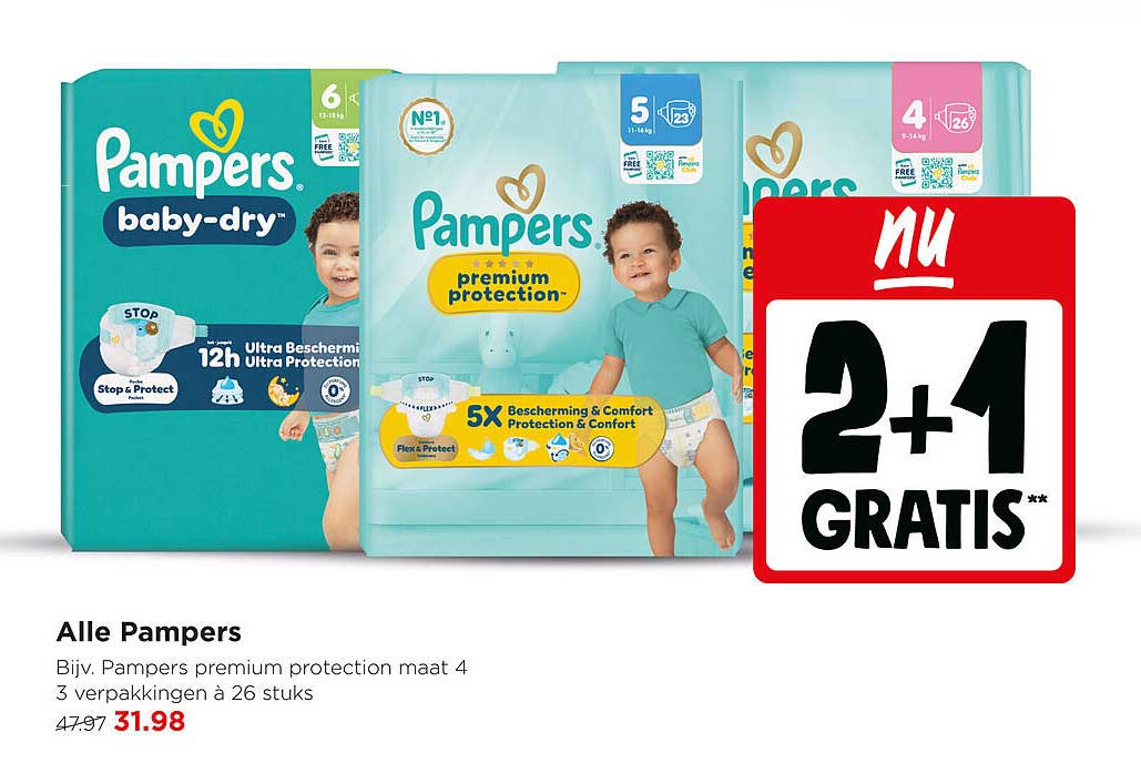 Alle Pampers - Bijv. Pampers premium protection maat 4 3 verpakkingen à 26 stuks 2+1 GRATIS