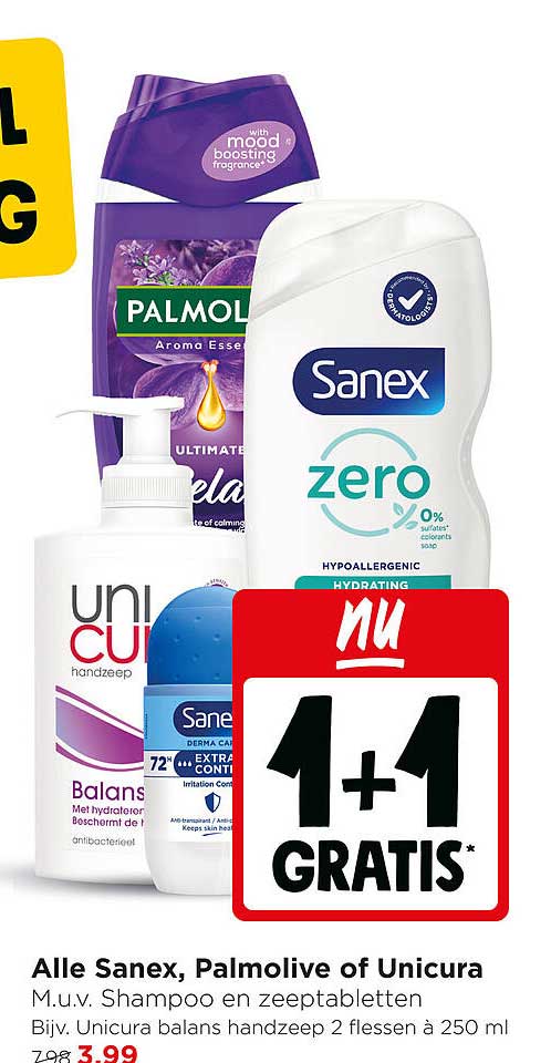 Alle Sanex, Palmolive of Unicura 1+1 GRATIS