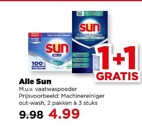 Alle Sun M.u.v. vaatspoeder Prijsvoorbeeld: Machine reiniger out-wash, 2 pakken à 3 stuks 1+1 GRATIS