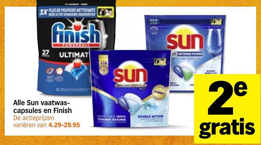 Alle Sun vaatwas-capsules en Finish 2e gratis