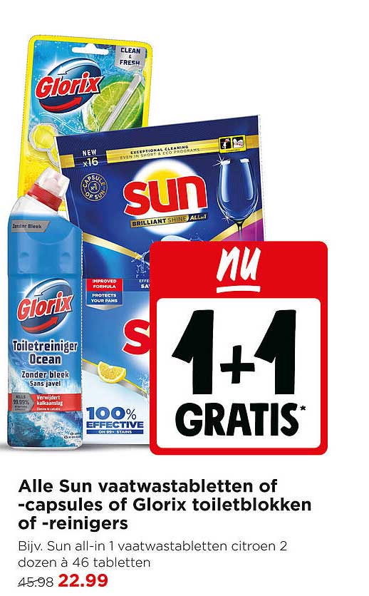 Alle Sun vaatwastabletten of -capsules of Glorix toiletblokken of -reinigers 1+1 GRATIS