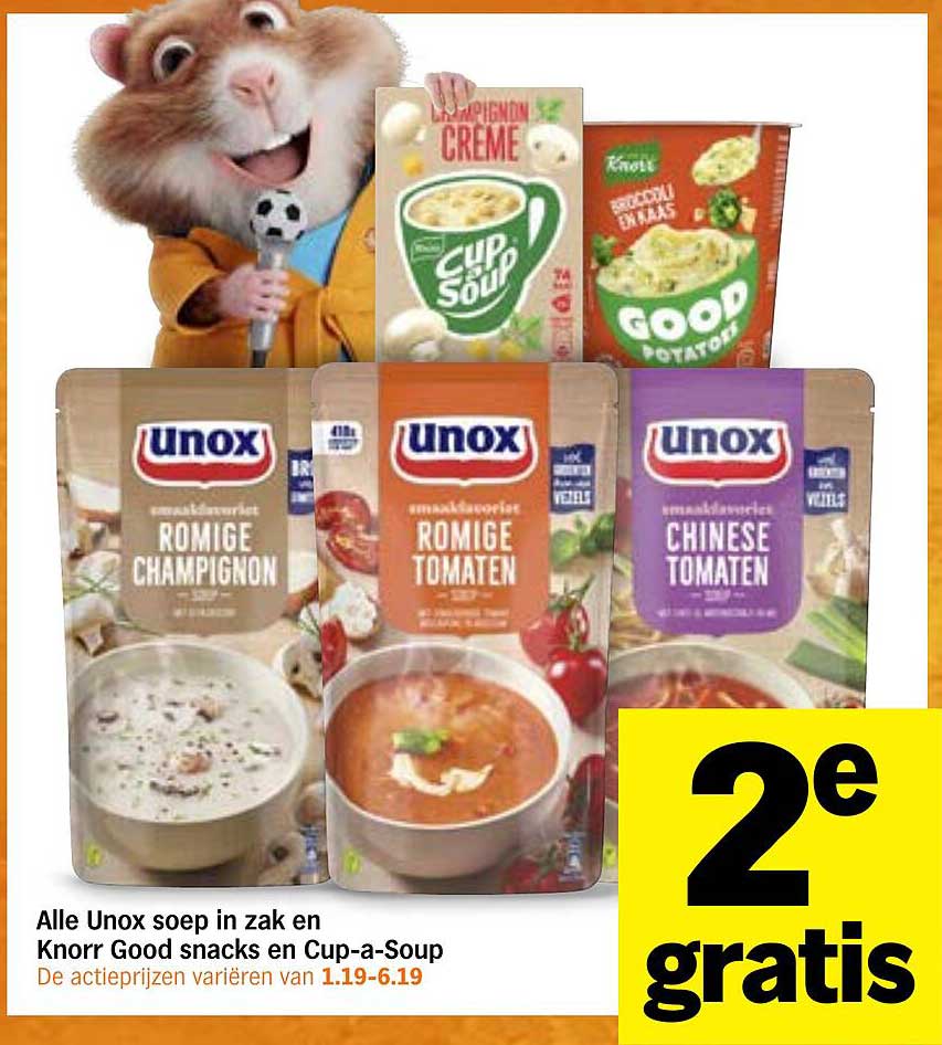 Alle Unox soep in zak en Knorr Good snacks en Cup-a-Soup 2e gratis