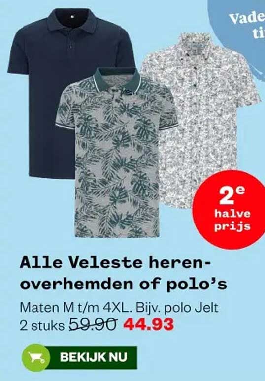 Alle Veleste heren-overhemden of polo’s 2e halve prijs