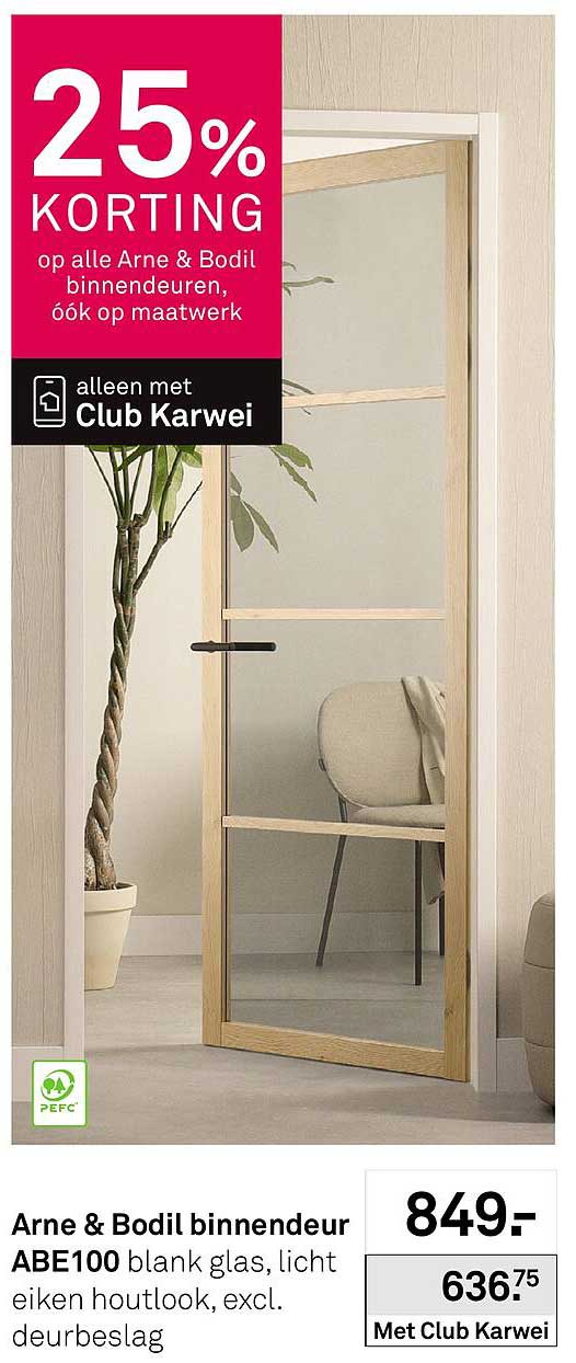 Arne & Bodil binnendeur ABE100 blank glas, licht eiken houtlook, excl. deurbehang