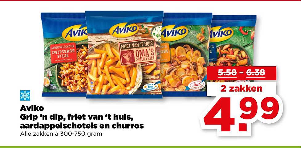 Aviko Grip 'n dip, friet van ’t huis, aardappelschotels en churros