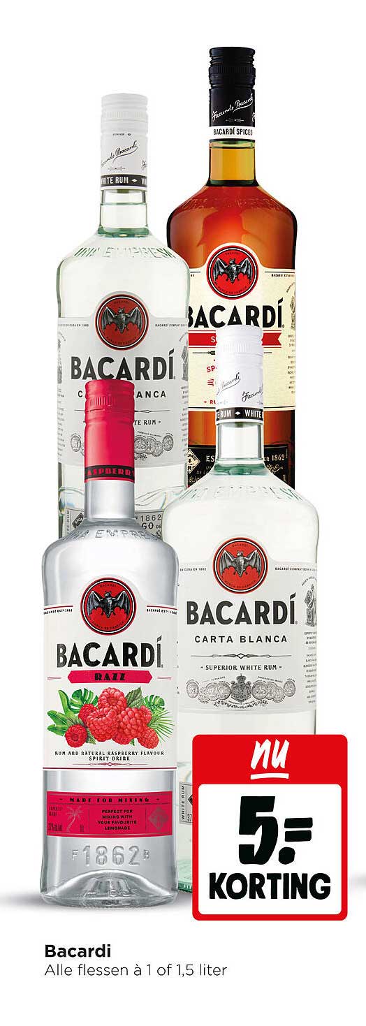 Bacardi Alle flessen à 1 of 1,5 liter nu 5= korting