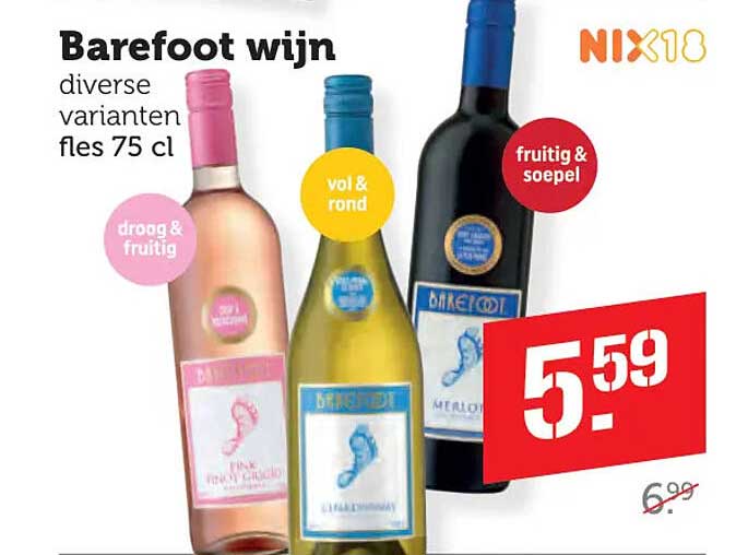 Barefoot wijn diverse varianten fles 75 cl NIX18
