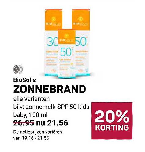 BioSolis ZONNEBRAND alle varianten bijv.: zonnenmelk SPF 50 kids baby, 100 ml 20% KORTING