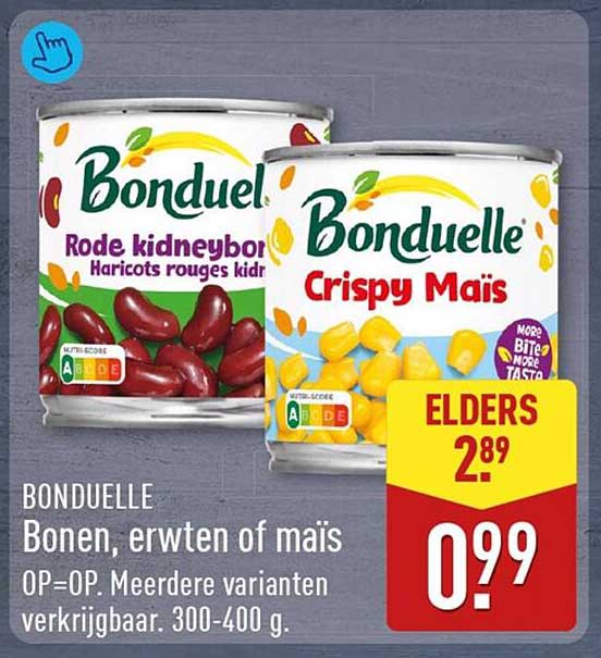 BONDUELLE Bonen, erwten of maïs OP=OP Meerdere varianten verkrijgbaar. 300-400 g.