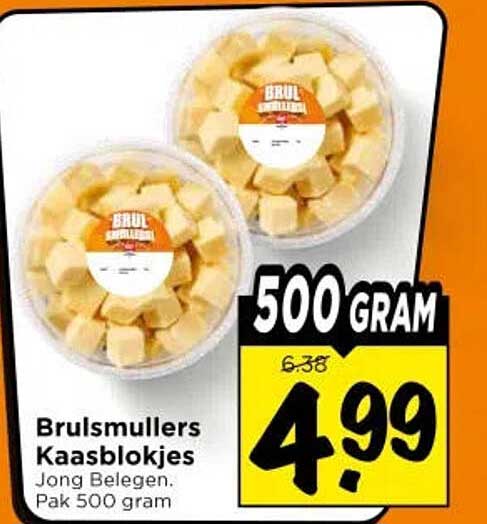 Brulsmullers Kaasblokjes Jong Belegen. Pak 500 gram