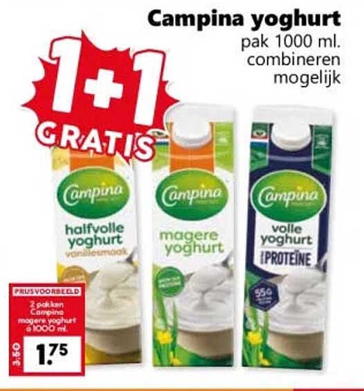 Campina yoghurt pak 1000 ml. combineren mogelijk 1+1 GRATIS