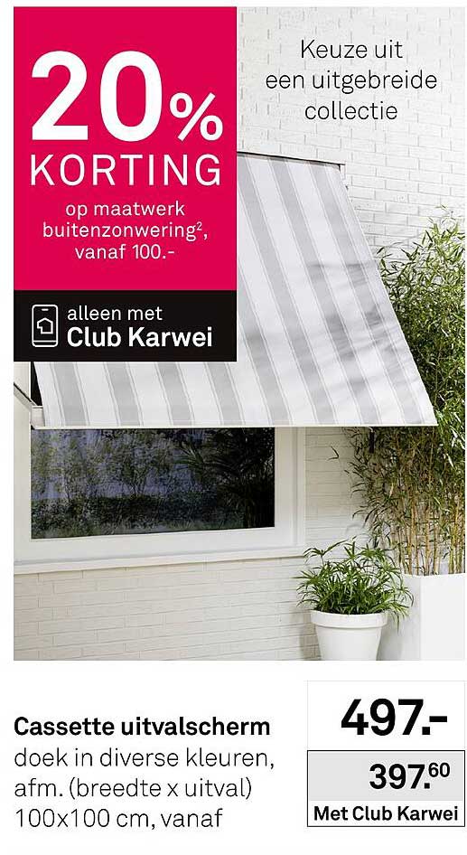 Cassette uitvalscherm doek in diverse kleuren, afm. (breedte x uitval) 100x100 cm, vanaf 20% korting op maatwerk buitenzonwering, vanaf 100.- alleen met Club Karwei