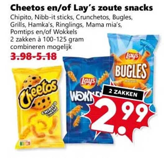 Cheetos en/of Lay’s zoute snacks 2 zakken
