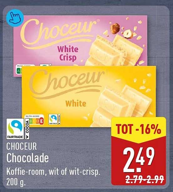 CHOCEUR Chocolade Koffie-room, wit of wit-crisp. 200 g. TOT -16%